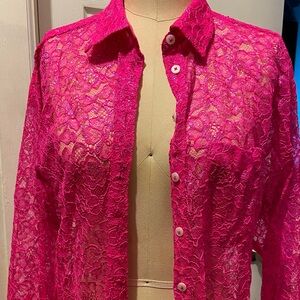 ANTHROPOLOGY Hot Pink Lace Button-Up shirt